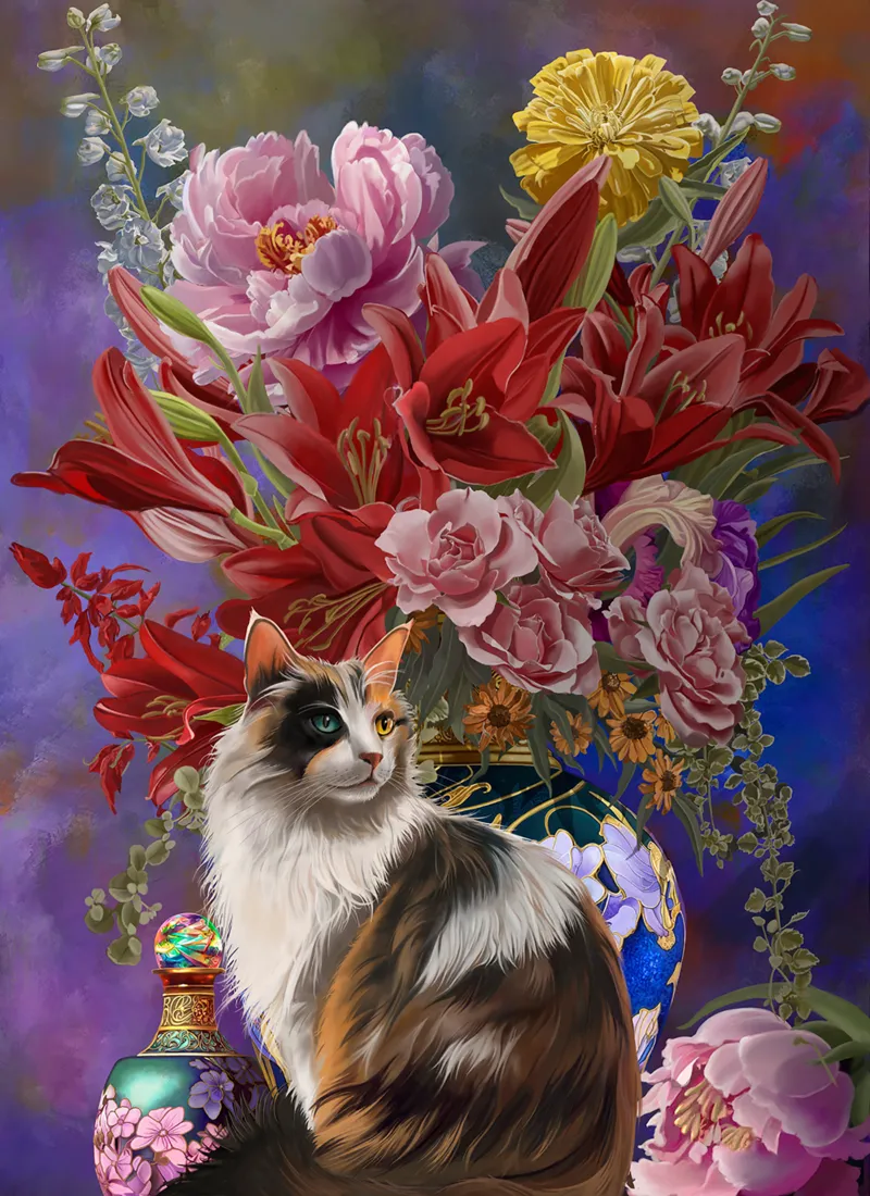 Pièces XXL - Chat et Fleurs Asiatiques