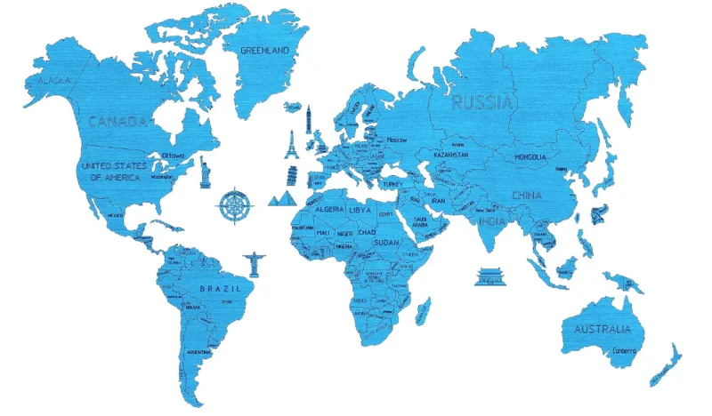 Puzzle en Bois - Carte du Monde XXL (Cyan)