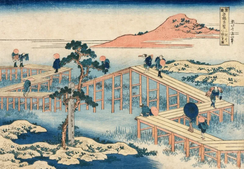 Hokusai - Image Ancienne du Pont à Huit Parties dans la Province de Mikawa