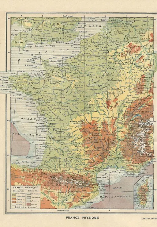 Carte de la France Physique - Larousse, 1925