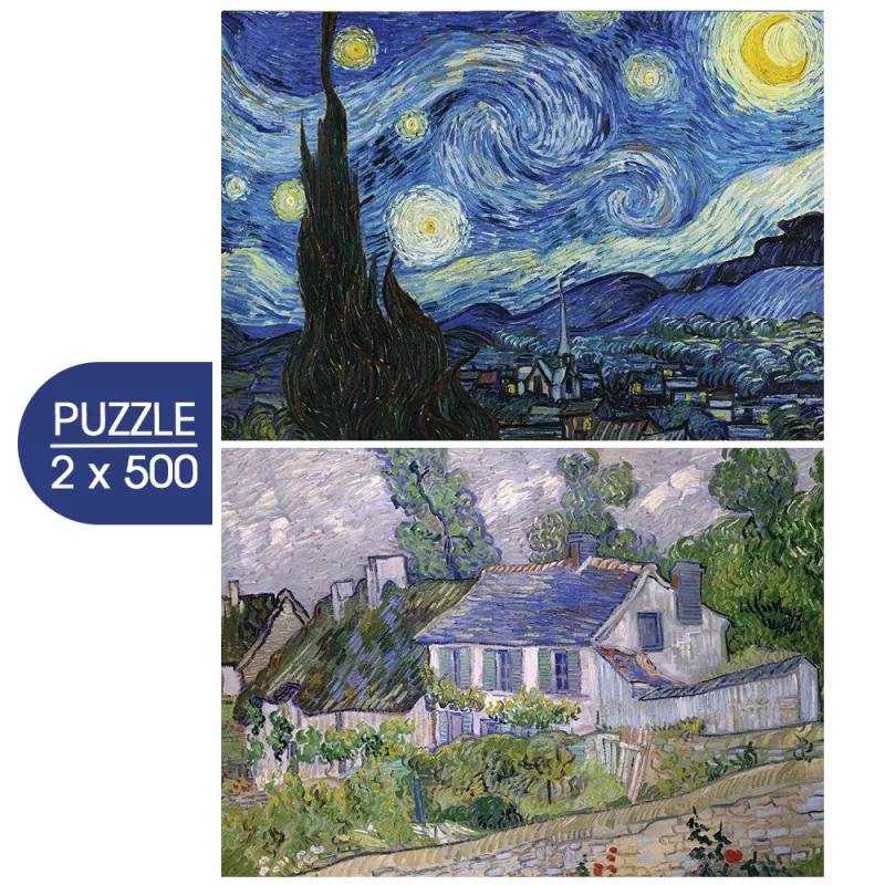 2 Puzzles - L'Art de Van Gogh : La Nuit étoilée, 1889 - Maison à Auvers, 1890