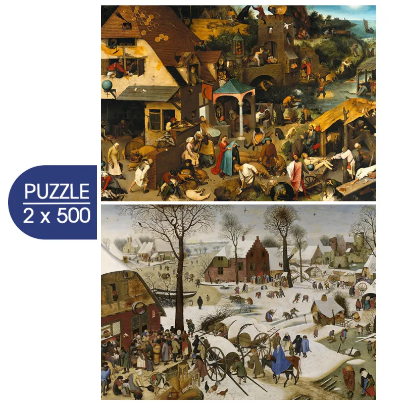 2 Puzzles - L'Art de Pieter Brueghel : Proverbes Flamands - Le Dénombrement de Bethléem