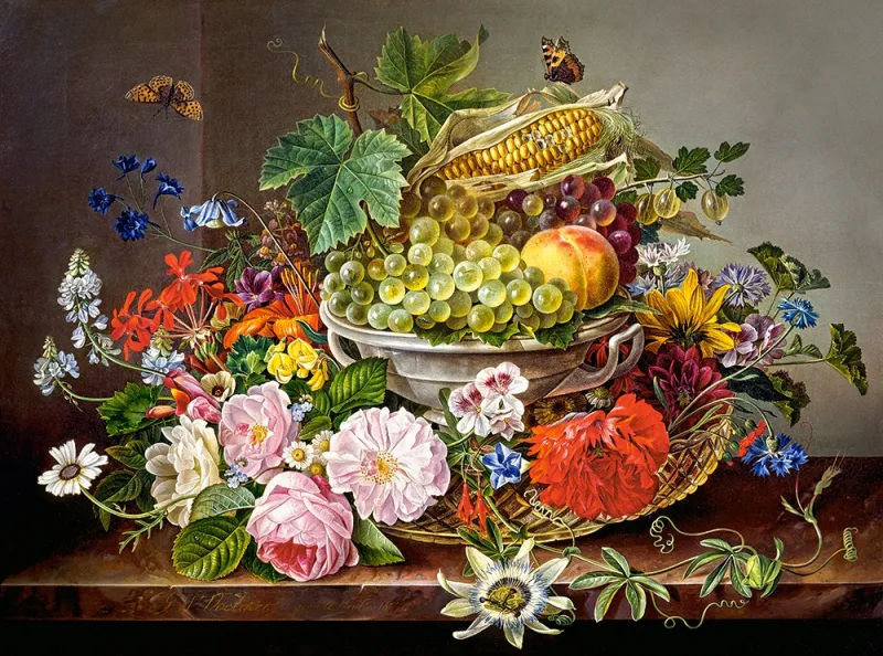 Nature Morte avec Fleurs et Corbeille de Fruits